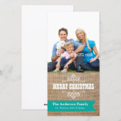 Rustieke Burlap met Blauwgroen Banner Foto Kerstmi Feestdagenkaart (Voorkant / Achterkant)