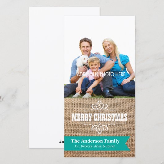 Rustieke Burlap met Blauwgroen Banner Foto Kerstmi Feestdagenkaart (Voorkant / Achterkant)