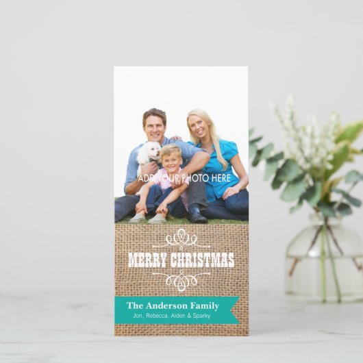 Rustieke Burlap met Blauwgroen Banner Foto Kerstmi Feestdagenkaart (Staand voorkant)