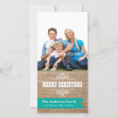 Rustieke Burlap met Blauwgroen Banner Foto Kerstmi Feestdagenkaart (Voorkant)