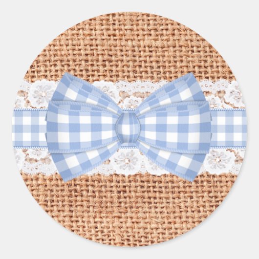 Rustieke Burlap met Blue Gingham bruiloft Ronde Sticker (Voorkant)