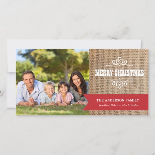 Rustieke Burlap met Rode Banner Foto Kerstmis Feestdagenkaart (Voorkant)