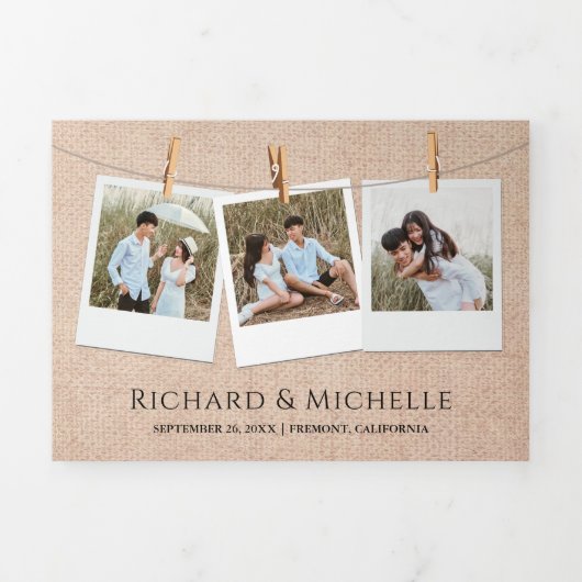 Rustieke Burlap Mountain Forest String Light Weddi Drieluik Uitnodiging (Cover)
