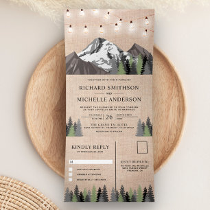 Rustieke Burlap Mountain Forest String Light Weddi Drieluik Uitnodiging