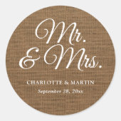 Rustieke Burlap Mr en Mrs Wedding Ronde Sticker (Voorkant)
