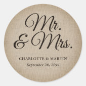 Rustieke Burlap Mr en Mrs Wedding Ronde Sticker (Voorkant)