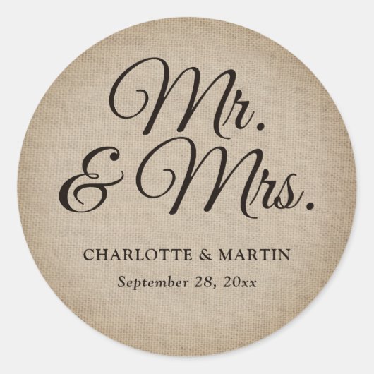 Rustieke Burlap Mr en Mrs Wedding Ronde Sticker (Voorkant)