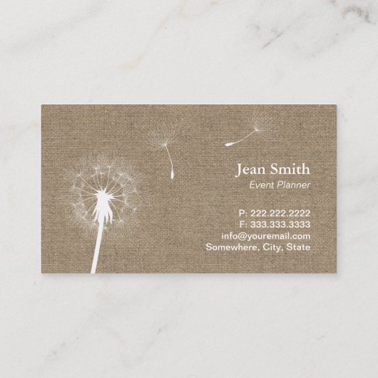 Rustieke Burlap Paardebloem Bruiloft Planning Visitekaartje (Achterkant)