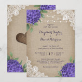 Rustieke Burlap Paarse Hydrangea huwelijksuitnodig Kaart (Voorkant / Achterkant)
