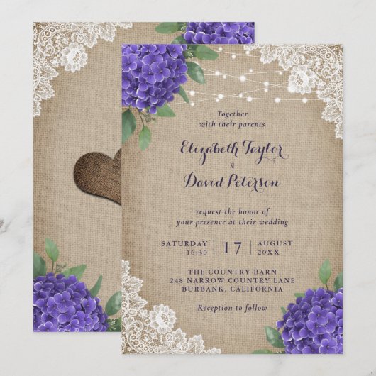 Rustieke Burlap Paarse Hydrangea huwelijksuitnodig Kaart (Voorkant / Achterkant)