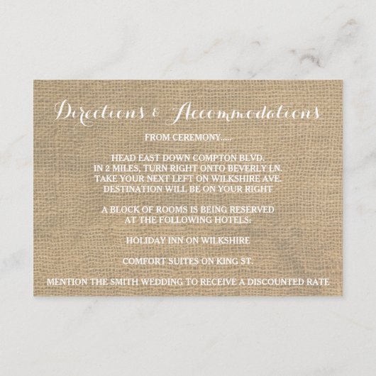 Rustieke Burlap Pijnbomen Winter Receptie Kaart (Achterkant)