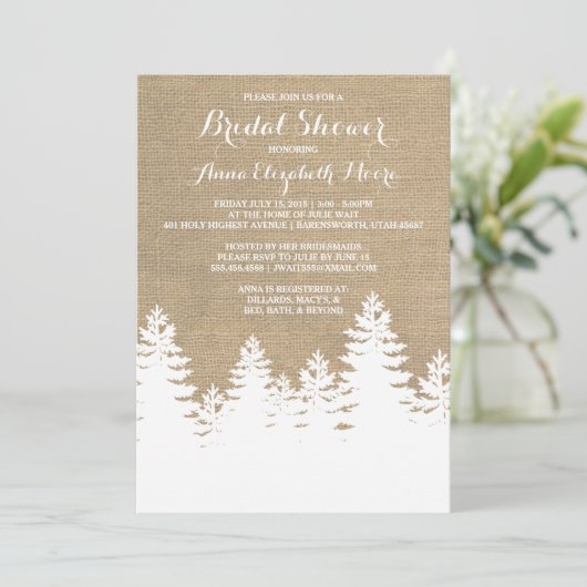 Rustieke Burlap Pijnbomen Winter Vrijgezellenfeest Kaart (Staand voorkant)