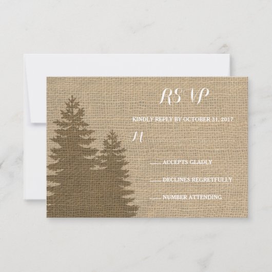 Rustieke Burlap Pine Bomen Winter Bruiloft RSVP (Voorkant)