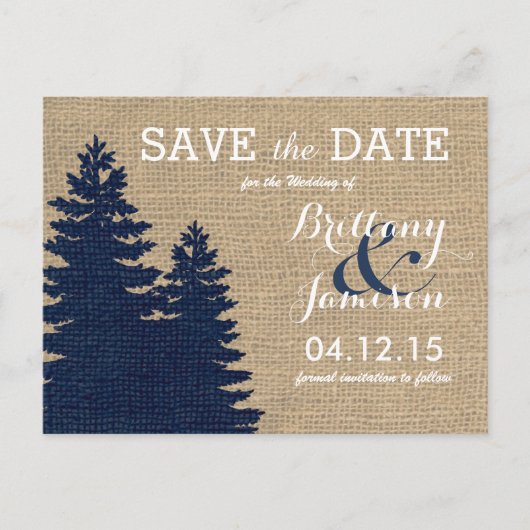 Rustieke Burlap Pine Bomen Winter Save the Date Aankondigingskaart (Voorkant)