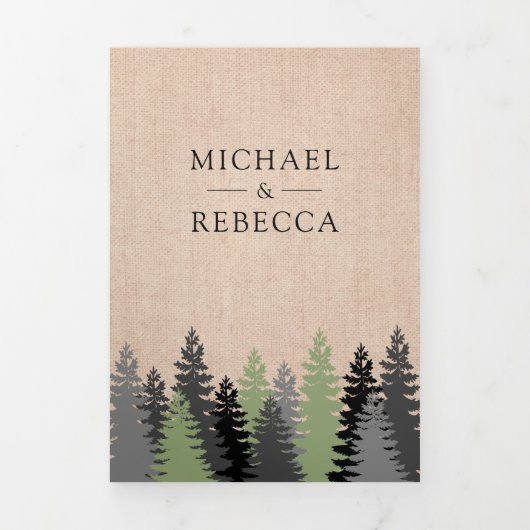 Rustieke Burlap Pine Trees Foto Bos Huwelijk Drieluik Uitnodiging (Cover)