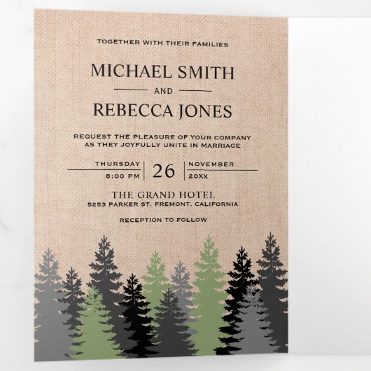 Rustieke Burlap Pine Trees Foto Bos Huwelijk Drieluik Uitnodiging (Binnenzijde eerst)