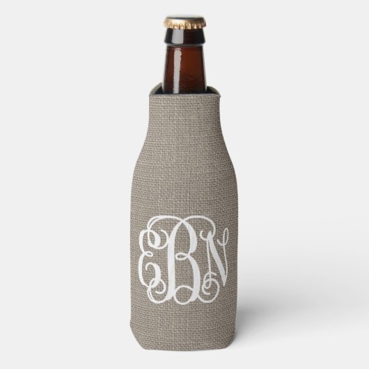 Rustieke Burlap Preppy Script Monogram Flesjeskoeler (Fles Voorkant)