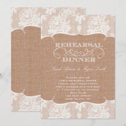 Rustieke Burlap Print & Kant repetitie diner Kaart (Voorkant / Achterkant)