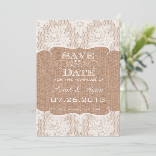 Rustieke Burlap Print & Kant Save the Date (Staand voorkant)