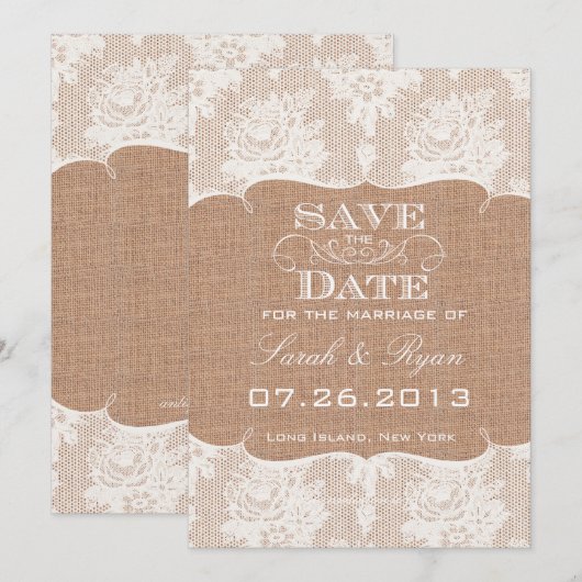 Rustieke Burlap Print & Kant Save the Date (Voorkant / Achterkant)