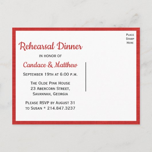 Rustieke Burlap Red Country repetitie diner Uitnodiging Briefkaart (Achterkant)