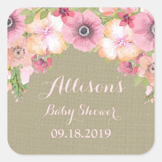 Rustieke Burlap Roze Bloemen Baby shower Label (Voorkant)