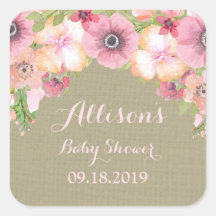 Rustieke Burlap Roze Bloemen Baby shower Label
