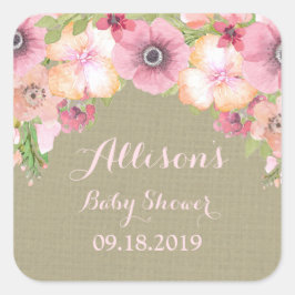 Rustieke Burlap Roze Bloemen Baby shower Label