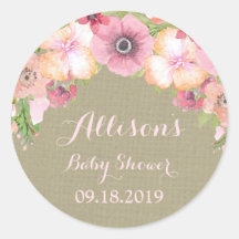Rustieke Burlap Roze Bloemen Baby shower Label