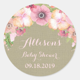Rustieke Burlap Roze Bloemen Baby shower Label