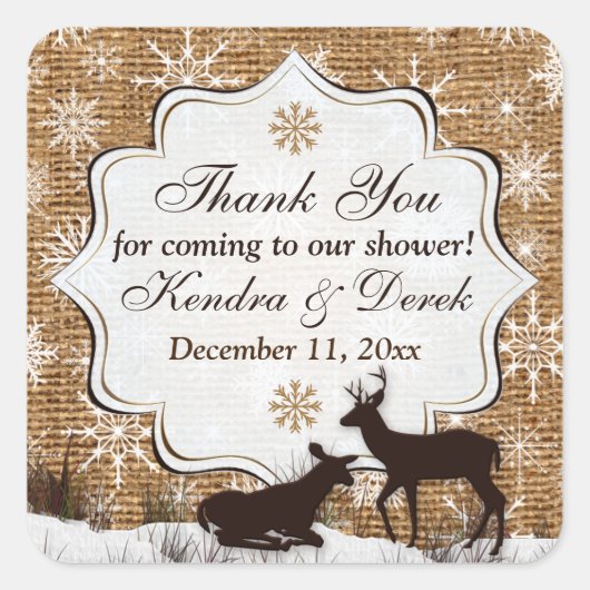 Rustieke Burlap, Sneeuwvlokken Trouwdouche Sticker (Voorkant)