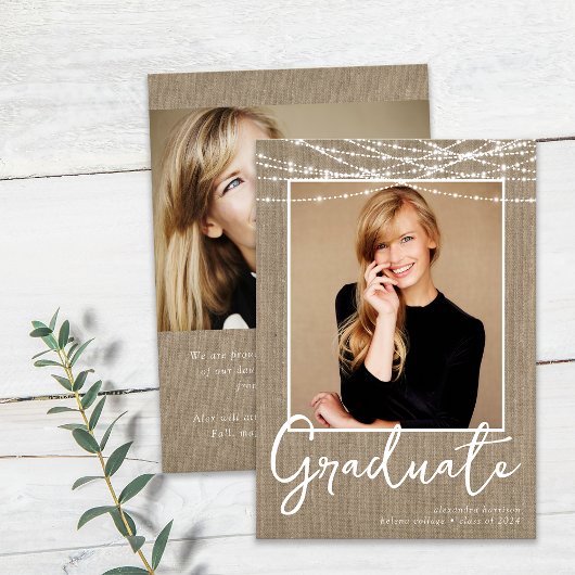 Rustieke Burlap String Lights Foto Afstuderen Aankondiging
