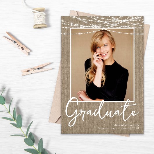 Rustieke Burlap String Lights Foto Afstuderen Aankondiging