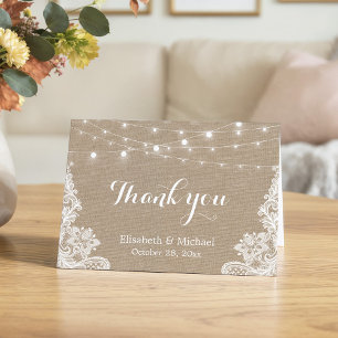 Rustieke Burlap String Lights Kant Bruiloft Dank u Bedankkaart