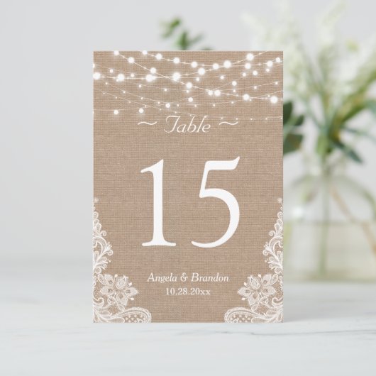 Rustieke Burlap String Lights Kant Tafelnummer (Staand voorkant)