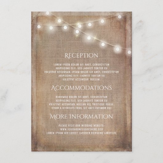 Rustieke Burlap String Lights Trouwinformatie Informatiekaartje (Voorkant)