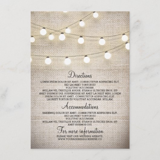 Rustieke Burlap String Lights Wedding Details Kaar Informatiekaartje (Voorkant)