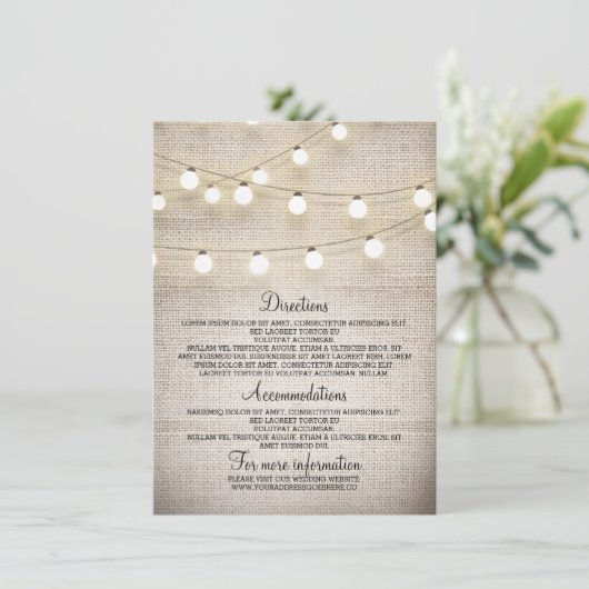 Rustieke Burlap String Lights Wedding Details Kaar Informatiekaartje (Staand voorkant)