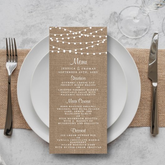 Rustieke Burlap String Lights Wedding Menu