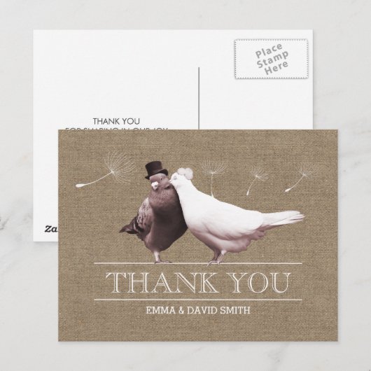 Rustieke Burlap Tortelduifjes Dank u Briefkaart (Voorkant / Achterkant)