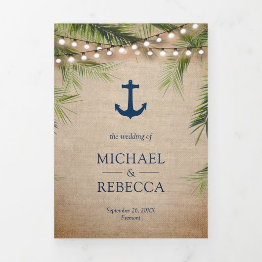 Rustieke Burlap Tropische Palm Anker Lichten Huwel Drieluik Uitnodiging (Cover)