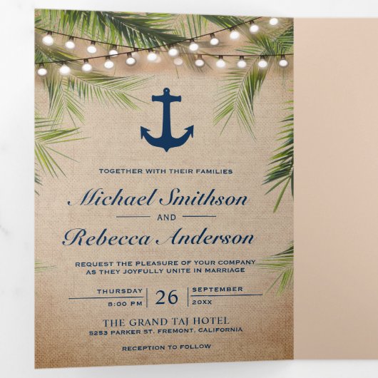 Rustieke Burlap Tropische Palm Anker Lichten Huwel Drieluik Uitnodiging (Binnenzijde eerst)