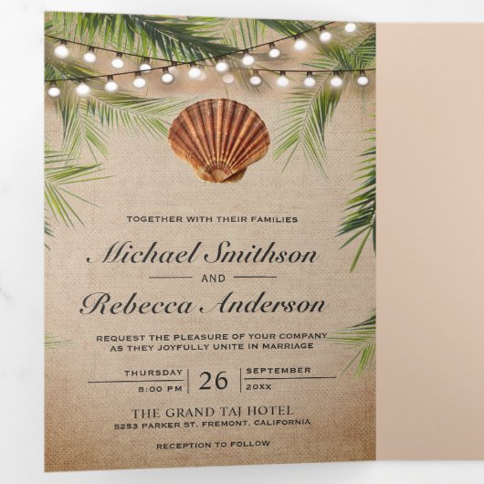 Rustieke Burlap Tropische Palm Leaf Seashell Bruil Drieluik Uitnodiging (Binnenzijde eerst)
