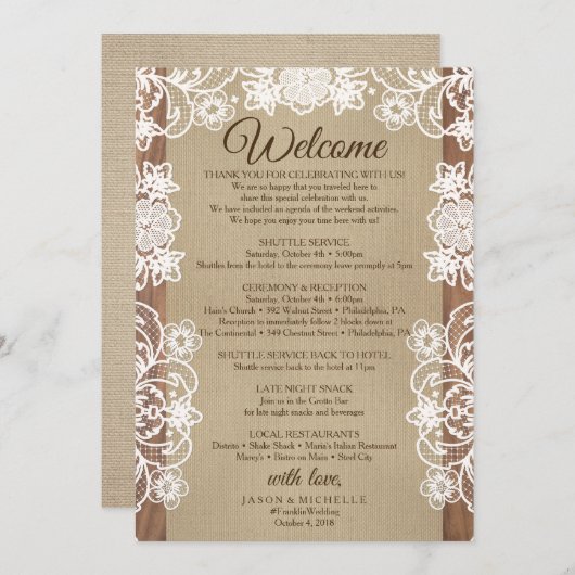 Rustieke Burlap Wedding Route - Huwelijk Welkom Programmakaart (Voorkant / Achterkant)