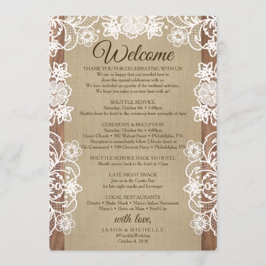 Rustieke Burlap Wedding Route - Huwelijk Welkom Programmakaart (Voorkant)