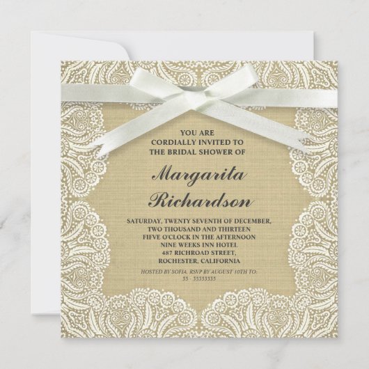 Rustieke Burlap White Lace & Bow Bridalshower Uitn Kaart (Voorkant)