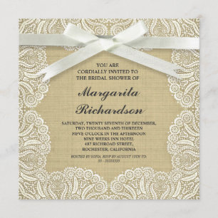 Rustieke Burlap White Lace & Bow Bridalshower Uitn Kaart