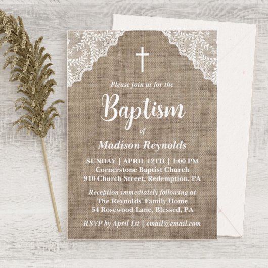 Rustieke Burlap & White Lace Cross doop Kaart