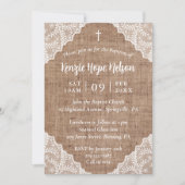 Rustieke Burlap & White Lace Cross doop Kaart (Voorkant)
