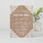 Rustieke Burlap & White Lace Cross doop Kaart (Staand voorkant)